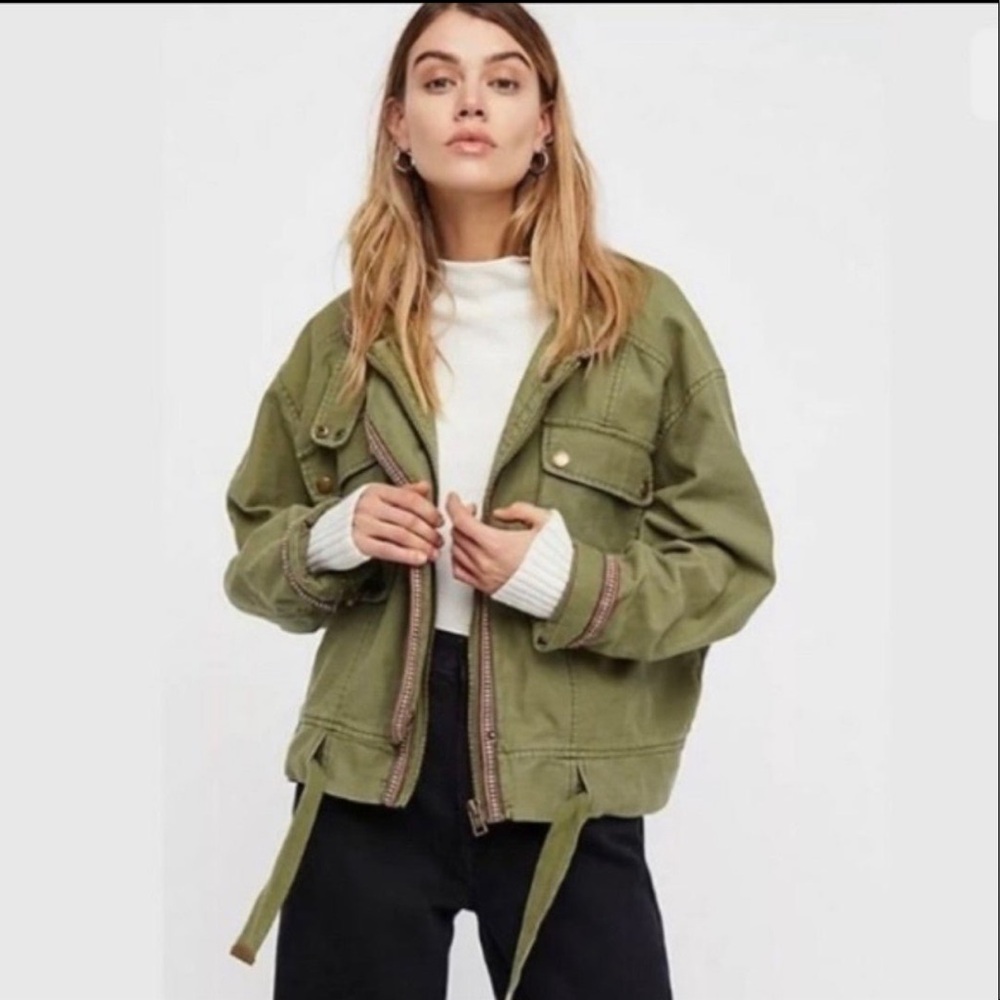Free People Women's Sz Medium Army Green Flight Line Full Zip Bomber Jacket